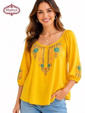C&C CALIFORNIA Embroidered Boho Peasant Blouse 1X Yellow Rayon Tunic Top